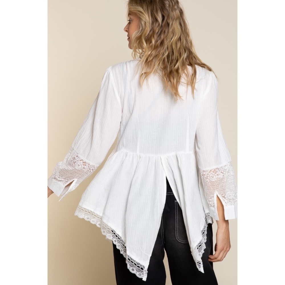 POL Off White Cotton & Lace Long Sleeve Unbalanced Hem Button Down Shirt - Picture 9 of 10